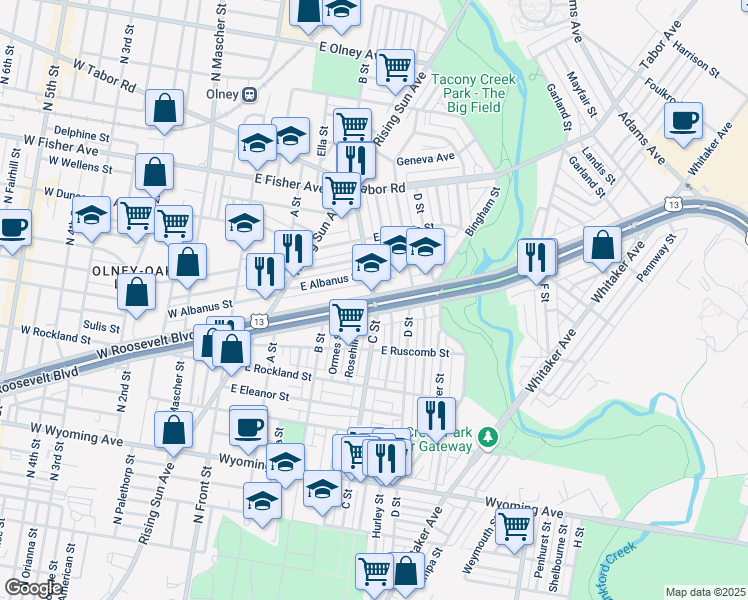 map of restaurants, bars, coffee shops, grocery stores, and more near Roosevelt Blvd & C St in Philadelphia