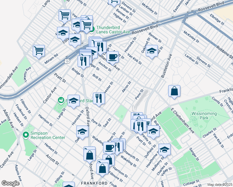 map of restaurants, bars, coffee shops, grocery stores, and more near 5323 Oakland Street in Philadelphia