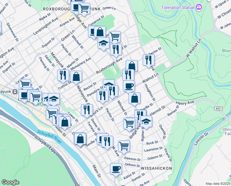 map of restaurants, bars, coffee shops, grocery stores, and more near 4111 Mitchell Street in Philadelphia