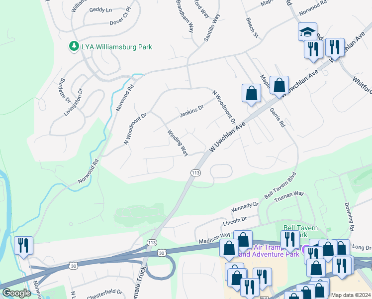 map of restaurants, bars, coffee shops, grocery stores, and more near 300 Winding Way in Downingtown