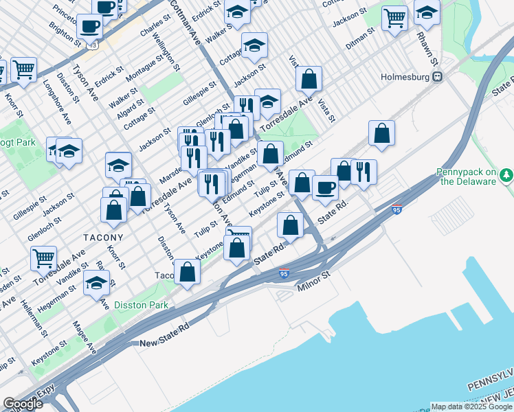 map of restaurants, bars, coffee shops, grocery stores, and more near 7156 Keystone Street in Philadelphia