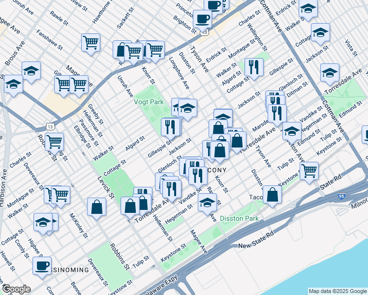 map of restaurants, bars, coffee shops, grocery stores, and more near 6727 Jackson Street in Philadelphia