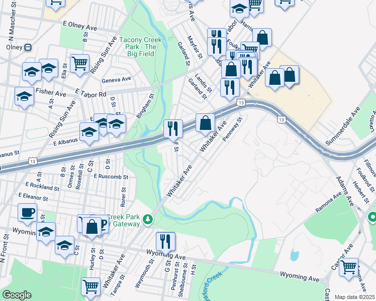 map of restaurants, bars, coffee shops, grocery stores, and more near 756 Herkness Street in Philadelphia