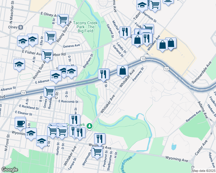 map of restaurants, bars, coffee shops, grocery stores, and more near 5063 F Street in Philadelphia