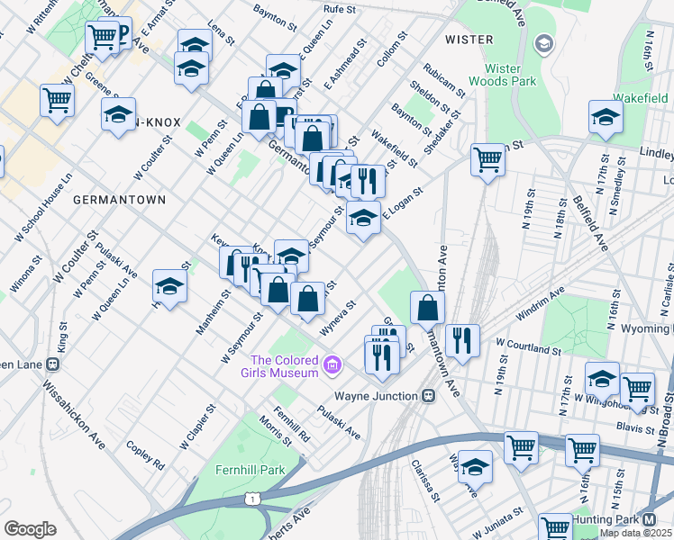 map of restaurants, bars, coffee shops, grocery stores, and more near 105 West Logan Street in Philadelphia