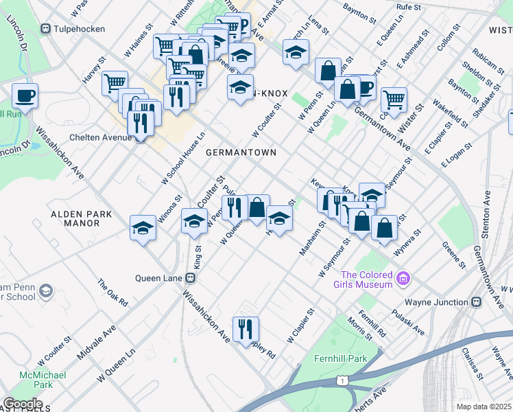 map of restaurants, bars, coffee shops, grocery stores, and more near 256 West Queen Lane in Philadelphia