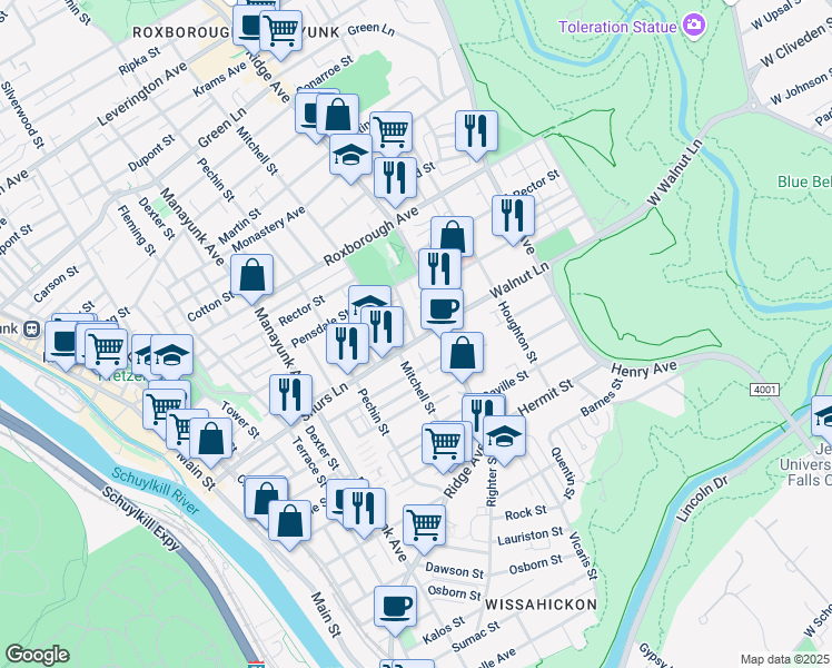 map of restaurants, bars, coffee shops, grocery stores, and more near 484 Shurs Lane in Philadelphia
