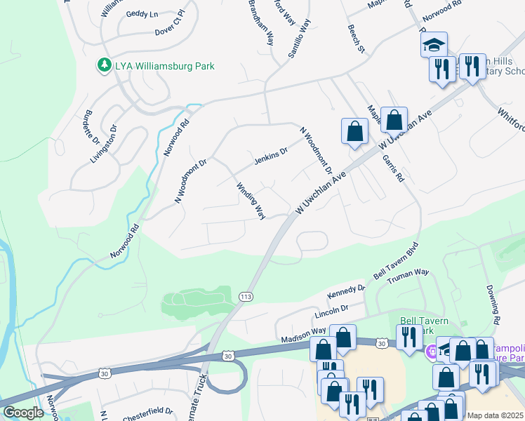 map of restaurants, bars, coffee shops, grocery stores, and more near 300 Winding Way in Downingtown