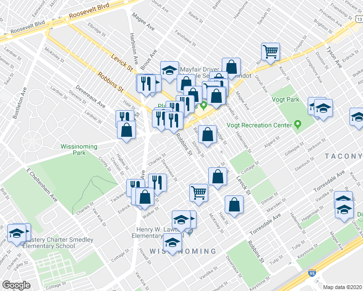 map of restaurants, bars, coffee shops, grocery stores, and more near 4102 Robbins Ave in Philadelphia