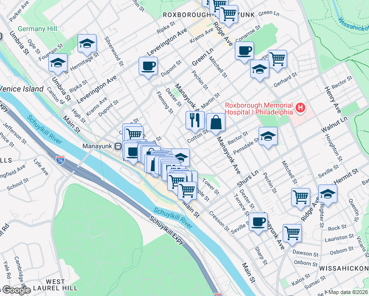 map of restaurants, bars, coffee shops, grocery stores, and more near 4315 Boone Street in Philadelphia