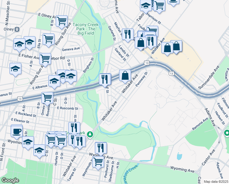map of restaurants, bars, coffee shops, grocery stores, and more near 756 Herkness Street in Philadelphia