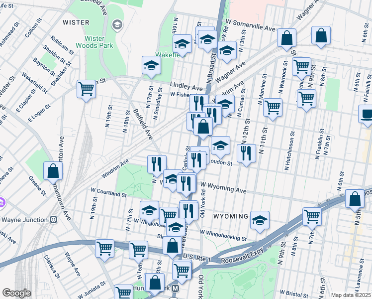 map of restaurants, bars, coffee shops, grocery stores, and more near 4816 North Carlisle Street in Philadelphia