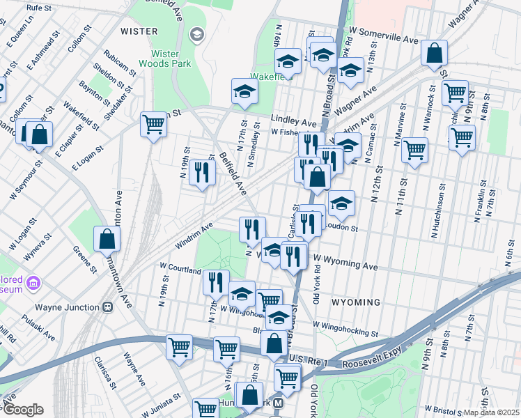 map of restaurants, bars, coffee shops, grocery stores, and more near 1539 West Loudon Street in Philadelphia