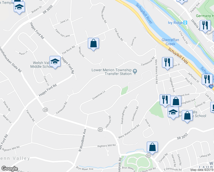 map of restaurants, bars, coffee shops, grocery stores, and more near 1224 Greentree Lane in Penn Valley