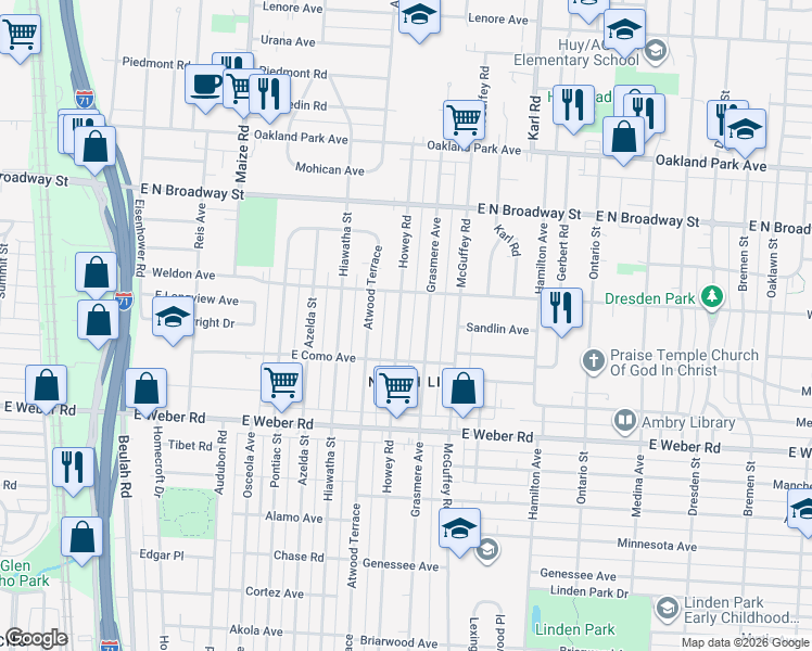 map of restaurants, bars, coffee shops, grocery stores, and more near 2960 Howey Road in Columbus