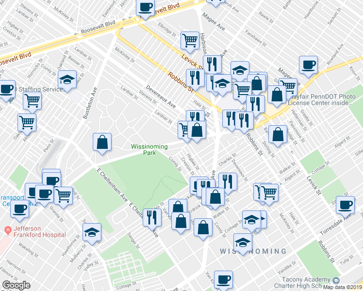 map of restaurants, bars, coffee shops, grocery stores, and more near 6069 Frankford Avenue in Philadelphia
