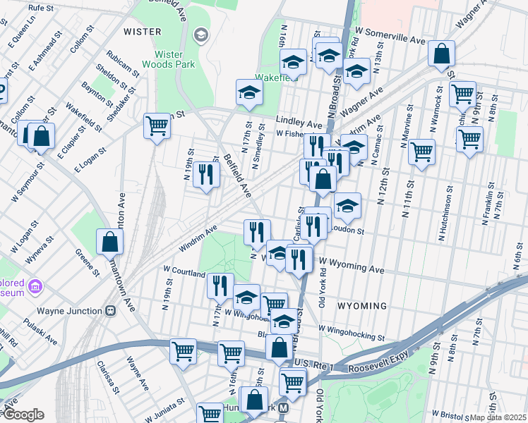 map of restaurants, bars, coffee shops, grocery stores, and more near 1543 West Loudon Street in Philadelphia