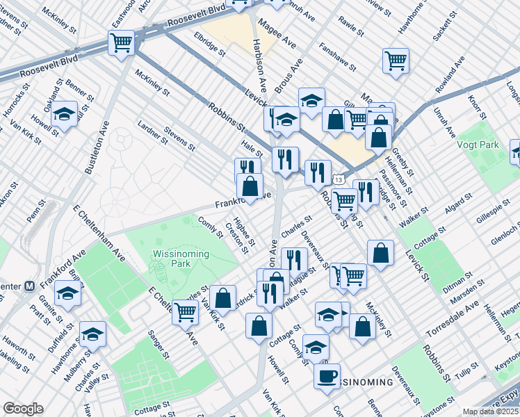 map of restaurants, bars, coffee shops, grocery stores, and more near 6126 Hawthorne Street in Philadelphia