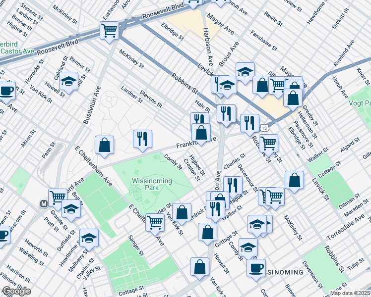 map of restaurants, bars, coffee shops, grocery stores, and more near 6069 Frankford Avenue in Philadelphia