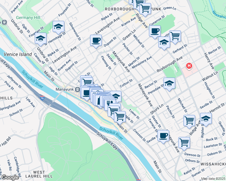 map of restaurants, bars, coffee shops, grocery stores, and more near 182 Cotton Street in Philadelphia