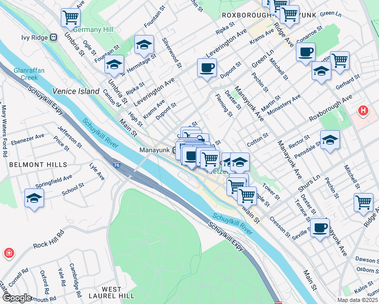 map of restaurants, bars, coffee shops, grocery stores, and more near 4371 Cresson Street in Philadelphia