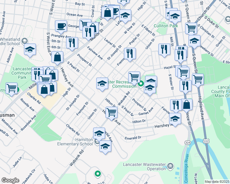 map of restaurants, bars, coffee shops, grocery stores, and more near 426 Prospect Street in Lancaster