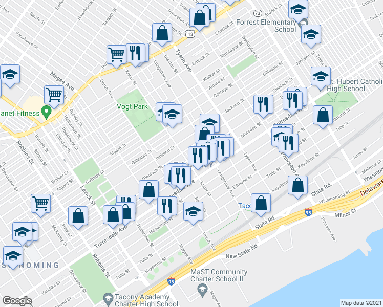 map of restaurants, bars, coffee shops, grocery stores, and more near 6812 Ditman Street in Philadelphia