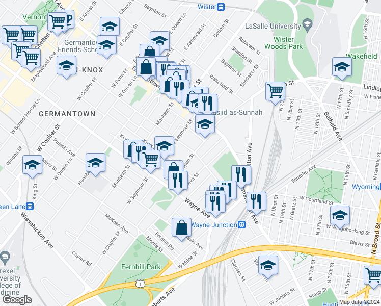 map of restaurants, bars, coffee shops, grocery stores, and more near 105 West Logan Street in Philadelphia