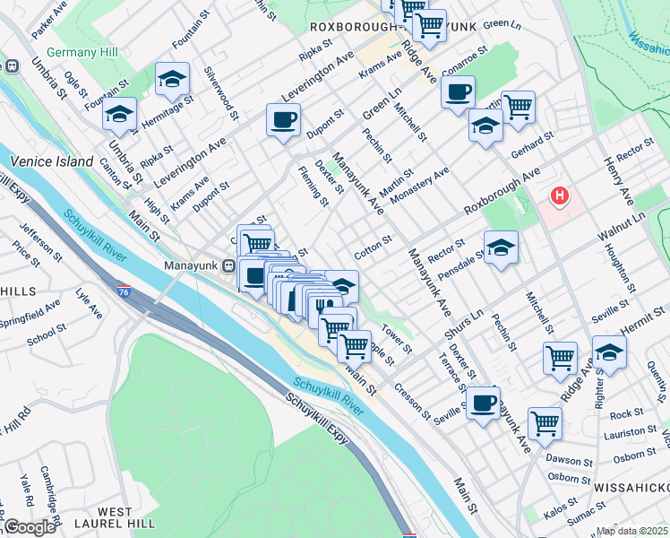 map of restaurants, bars, coffee shops, grocery stores, and more near 182 Cotton Street in Philadelphia