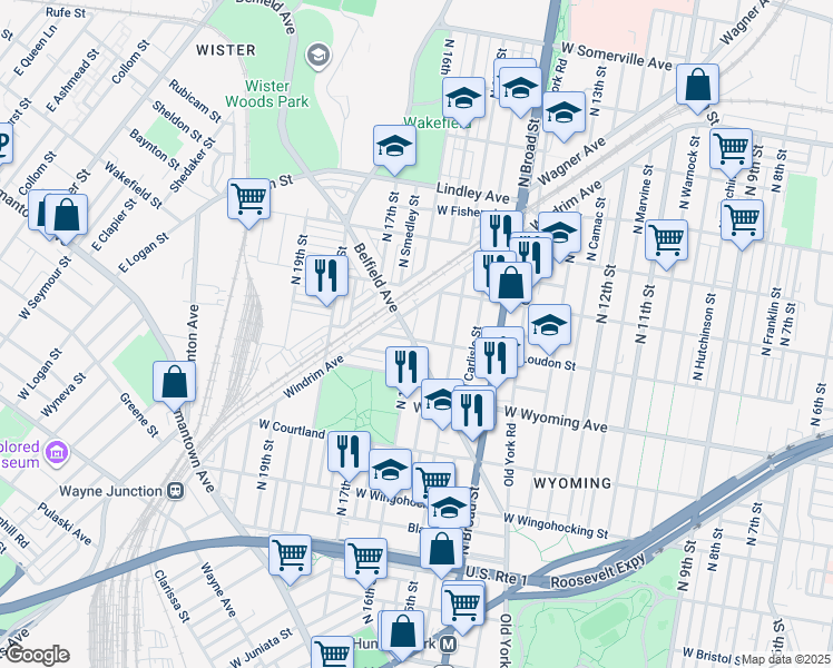 map of restaurants, bars, coffee shops, grocery stores, and more near 1543 West Loudon Street in Philadelphia
