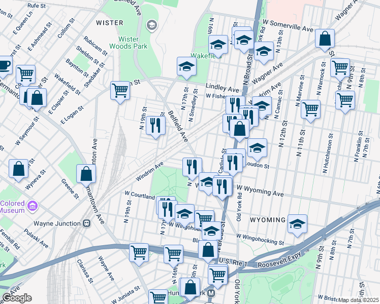 map of restaurants, bars, coffee shops, grocery stores, and more near 1601 West Loudon Street in Philadelphia