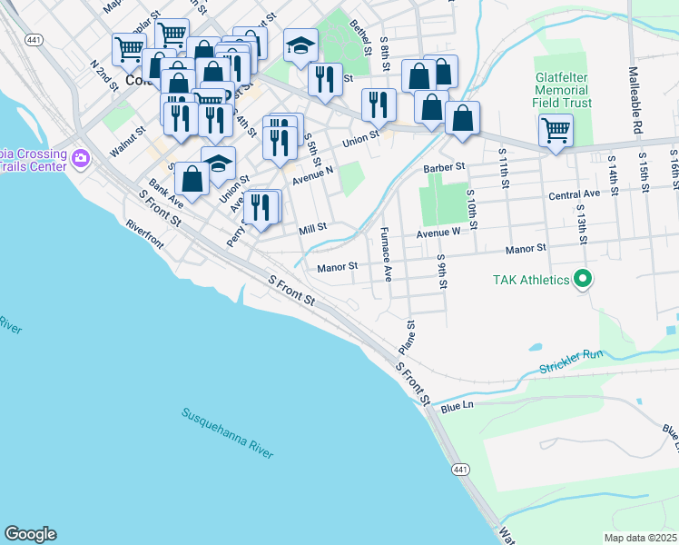map of restaurants, bars, coffee shops, grocery stores, and more near 446 Manor Street in Columbia