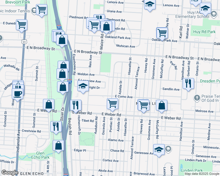 map of restaurants, bars, coffee shops, grocery stores, and more near 890 East Como Avenue in Columbus
