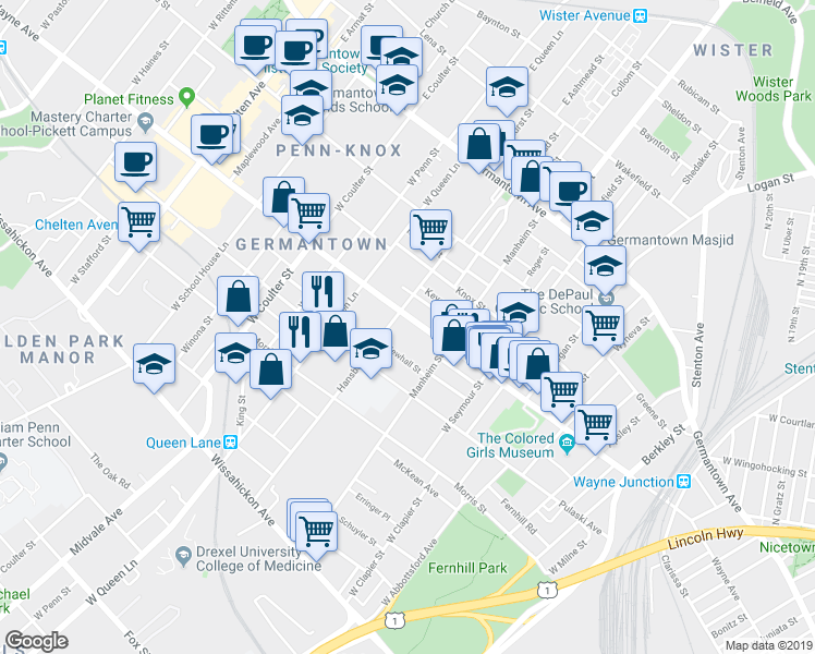map of restaurants, bars, coffee shops, grocery stores, and more near 5138 Wayne Avenue in Philadelphia