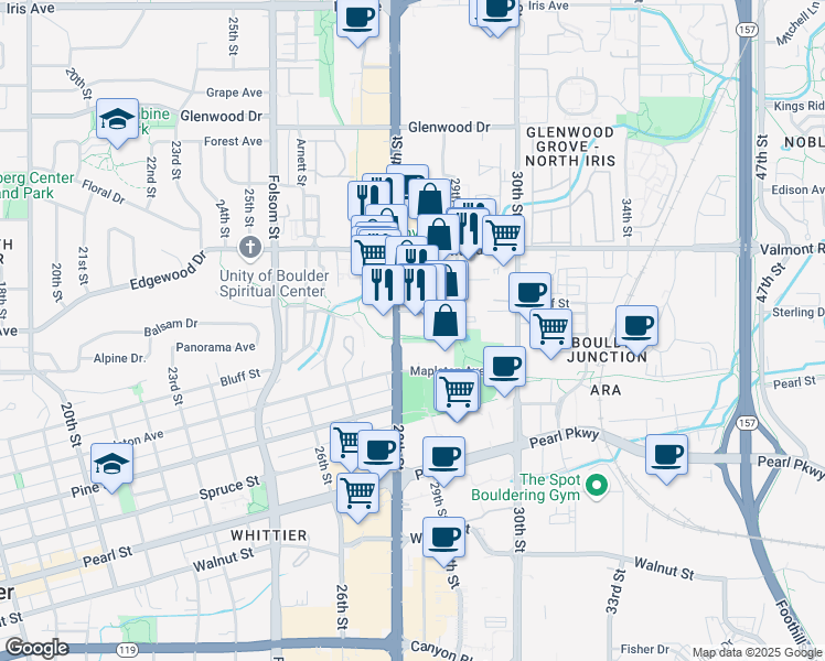 map of restaurants, bars, coffee shops, grocery stores, and more near 2704 28th Street in Boulder