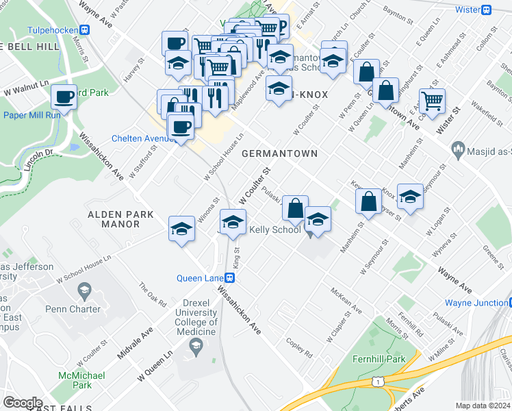 map of restaurants, bars, coffee shops, grocery stores, and more near 5351 Priscilla Street in Philadelphia