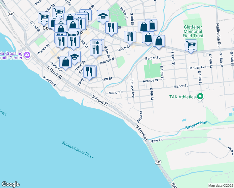 map of restaurants, bars, coffee shops, grocery stores, and more near 448 Manor Street in Columbia