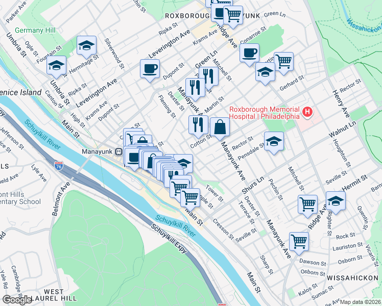 map of restaurants, bars, coffee shops, grocery stores, and more near 4324 Fleming Street in Philadelphia