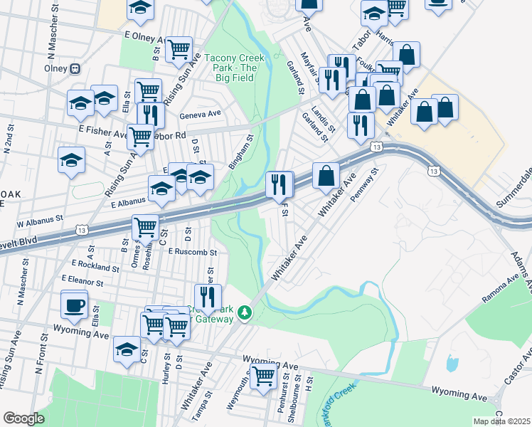 map of restaurants, bars, coffee shops, grocery stores, and more near 3901 East Roosevelt Boulevard in Philadelphia