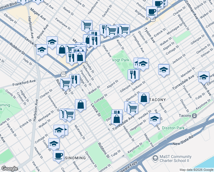 map of restaurants, bars, coffee shops, grocery stores, and more near 4238 Magee Avenue in Philadelphia