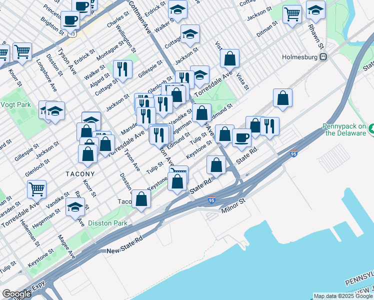 map of restaurants, bars, coffee shops, grocery stores, and more near 7141 Tulip Street in Philadelphia