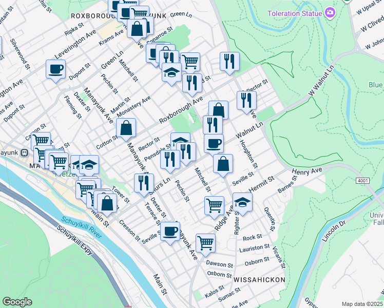map of restaurants, bars, coffee shops, grocery stores, and more near 4111 Mitchell Street in Philadelphia