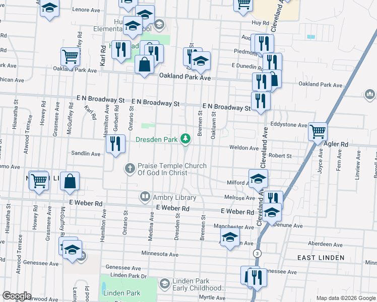 map of restaurants, bars, coffee shops, grocery stores, and more near 2936 Dresden Street in Columbus