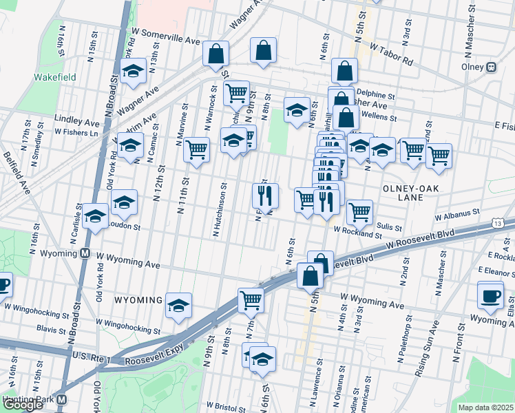 map of restaurants, bars, coffee shops, grocery stores, and more near 4916 North Franklin Street in Philadelphia