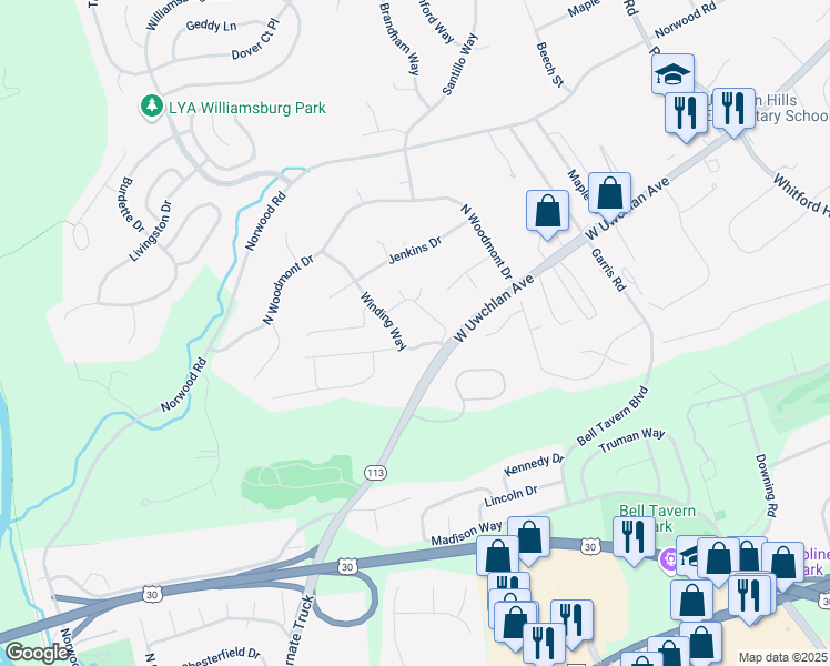map of restaurants, bars, coffee shops, grocery stores, and more near 300 Winding Way in Downingtown