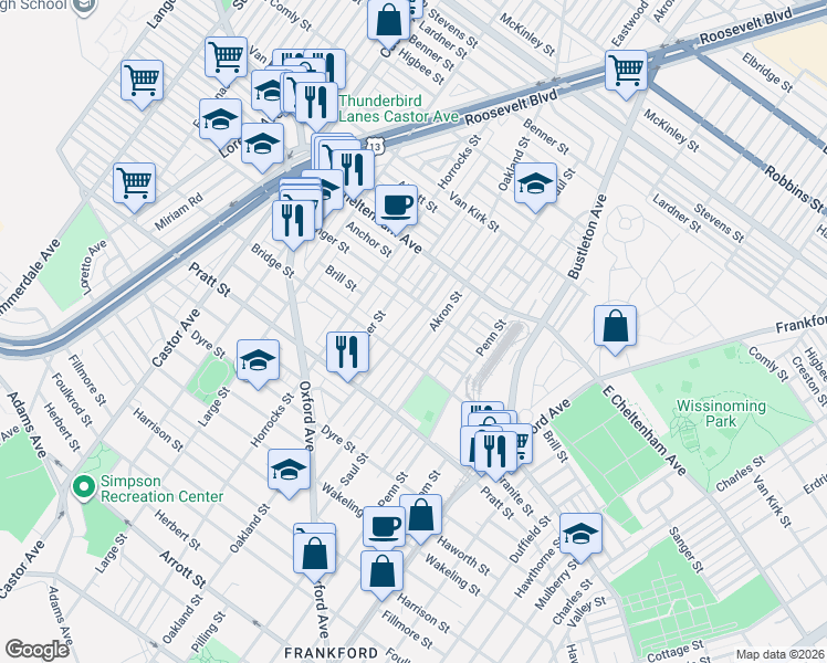 map of restaurants, bars, coffee shops, grocery stores, and more near 5347 Sylvester Street in Philadelphia