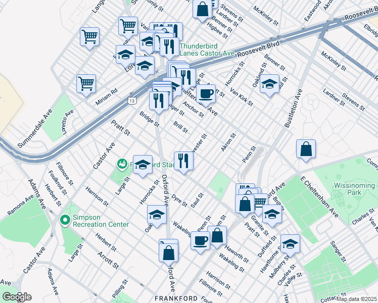 map of restaurants, bars, coffee shops, grocery stores, and more near 5260 Sylvester Street in Philadelphia