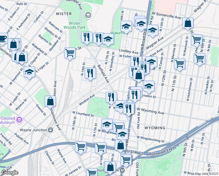 map of restaurants, bars, coffee shops, grocery stores, and more near 1603 West Loudon Street in Philadelphia
