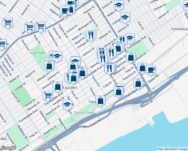 map of restaurants, bars, coffee shops, grocery stores, and more near 7001 Torresdale Avenue in Philadelphia