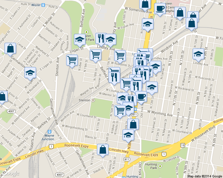 map of restaurants, bars, coffee shops, grocery stores, and more near 1605 West Loudon Street in Philadelphia